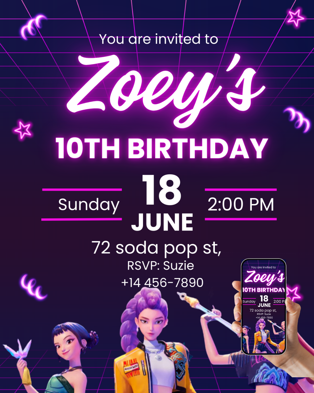 Huntrix Birthday Party Invitation with Video, Kpop Demon Hunters Birthday Party, Invitation Template, Printable Invite, Canva Editable