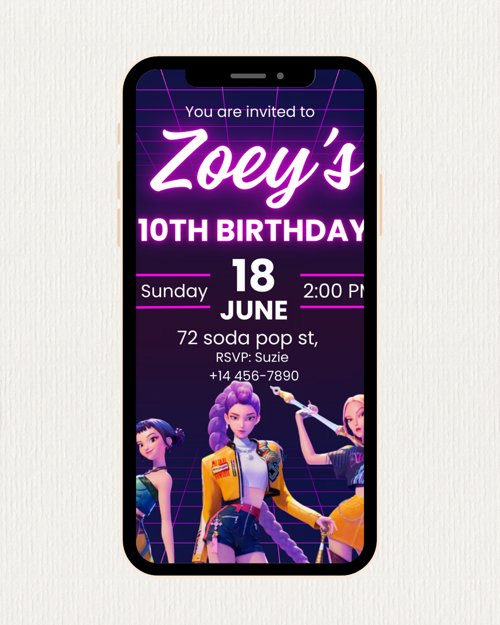 Huntrix Birthday Party Invitation with Video, Kpop Demon Hunters Birthday Party, Invitation Template, Printable Invite, Canva Editable