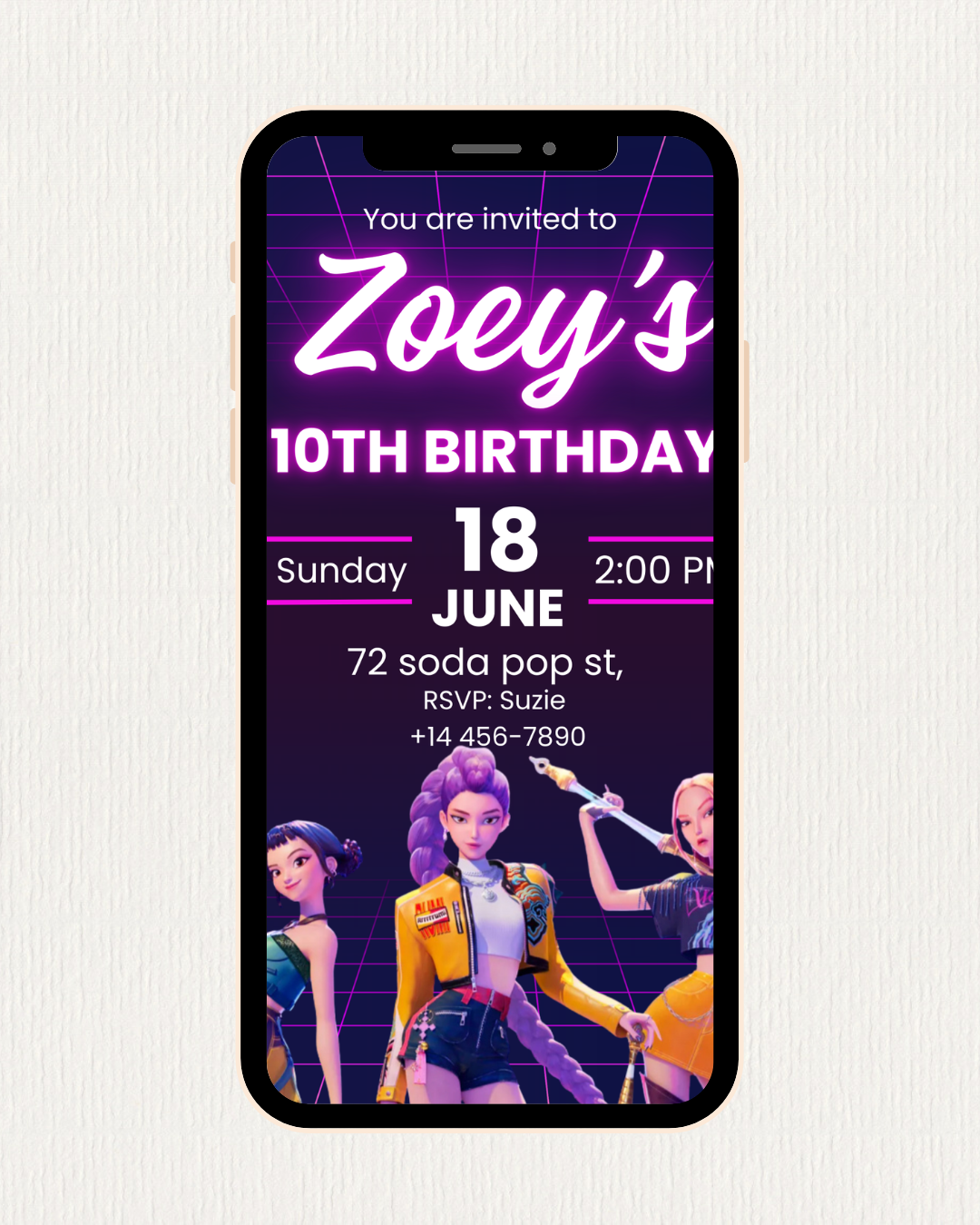 Huntrix Birthday Party Invitation with Video, Kpop Demon Hunters Birthday Party, Invitation Template, Printable Invite, Canva Editable