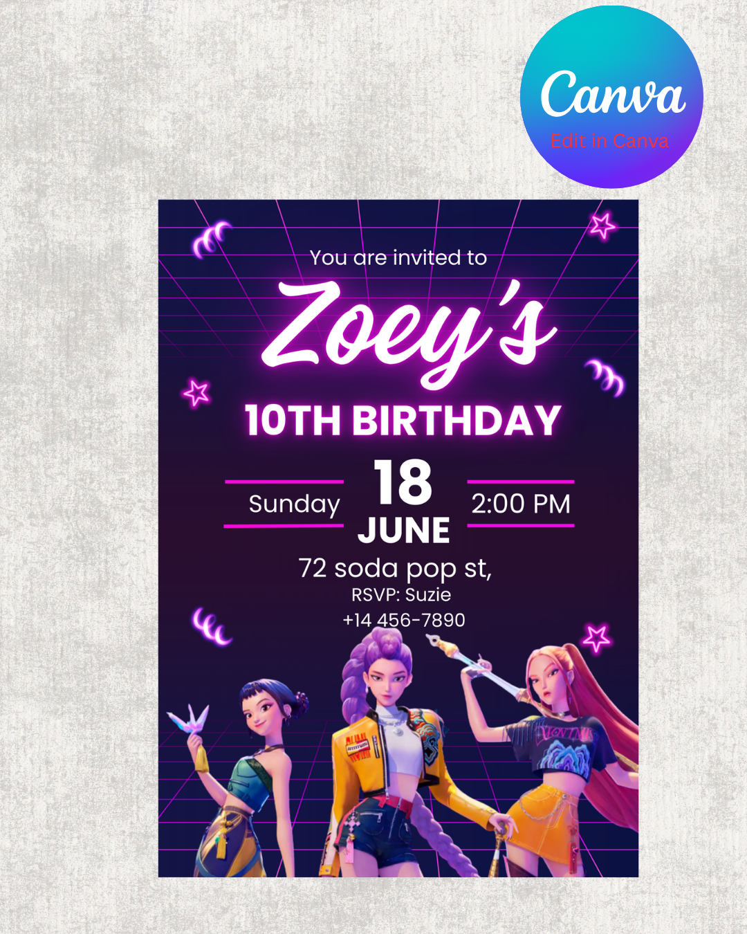 Huntrix Birthday Party Invitation with Video, Kpop Demon Hunters Birthday Party, Invitation Template, Printable Invite, Canva Editable