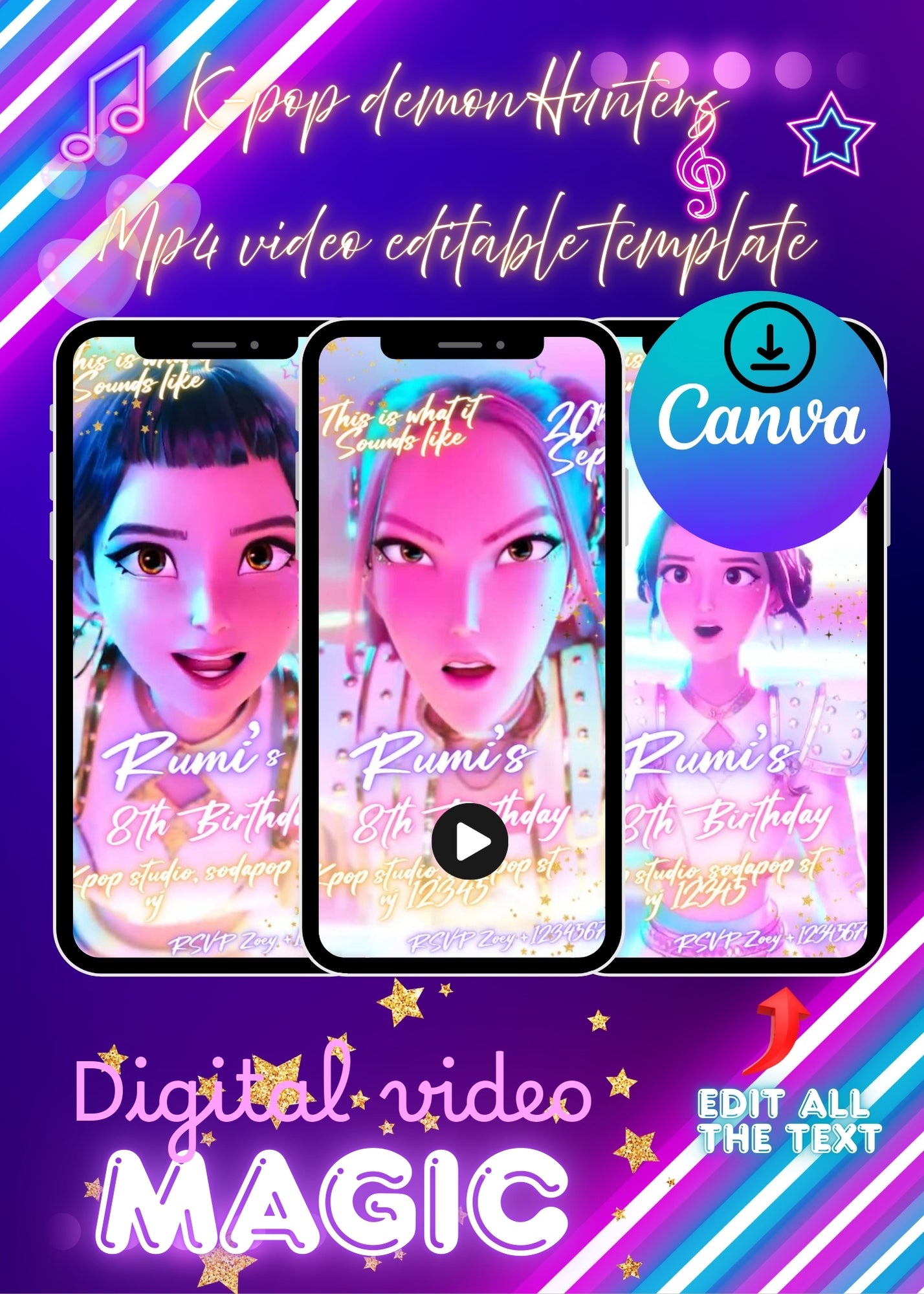 Kpop Demon Hunters Birthday Invitation, Editable K-pop Party Invite, Huntrix Themed party, Demon Huntrix Birthday Party, Birthday invitation