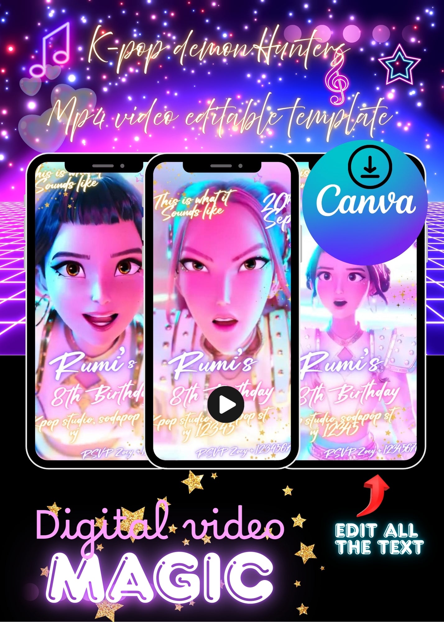 Kpop Demon Hunters Birthday Invitation, Editable K-pop Party Invite, Huntrix Themed party, Demon Huntrix Birthday Party, Birthday invitation