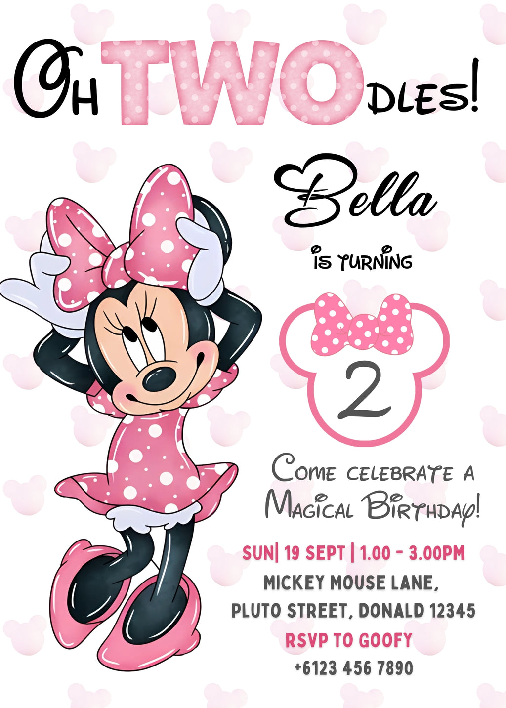 Minnie Mouse Oh Twodles 2nd Birthday Invitation: Editable Canva Template (Digital)