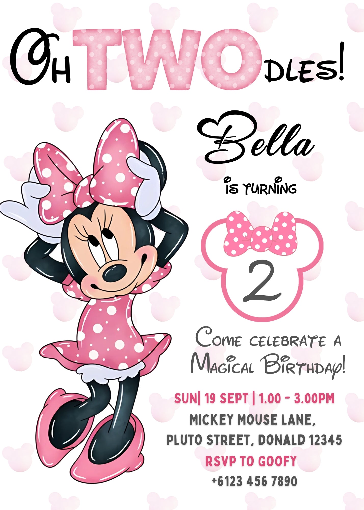 Minnie Mouse Oh Twodles 2nd Birthday Invitation: Editable Canva Template (Digital)
