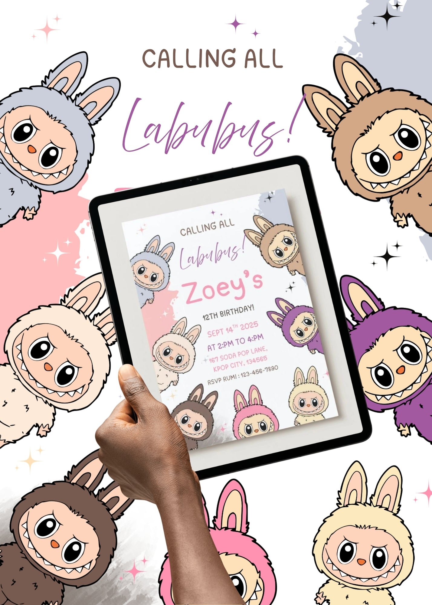 Labubu Birthday Invitation Template: Playful Party Invite, Editable Canva Design (5x7 inches, Digital Download)
