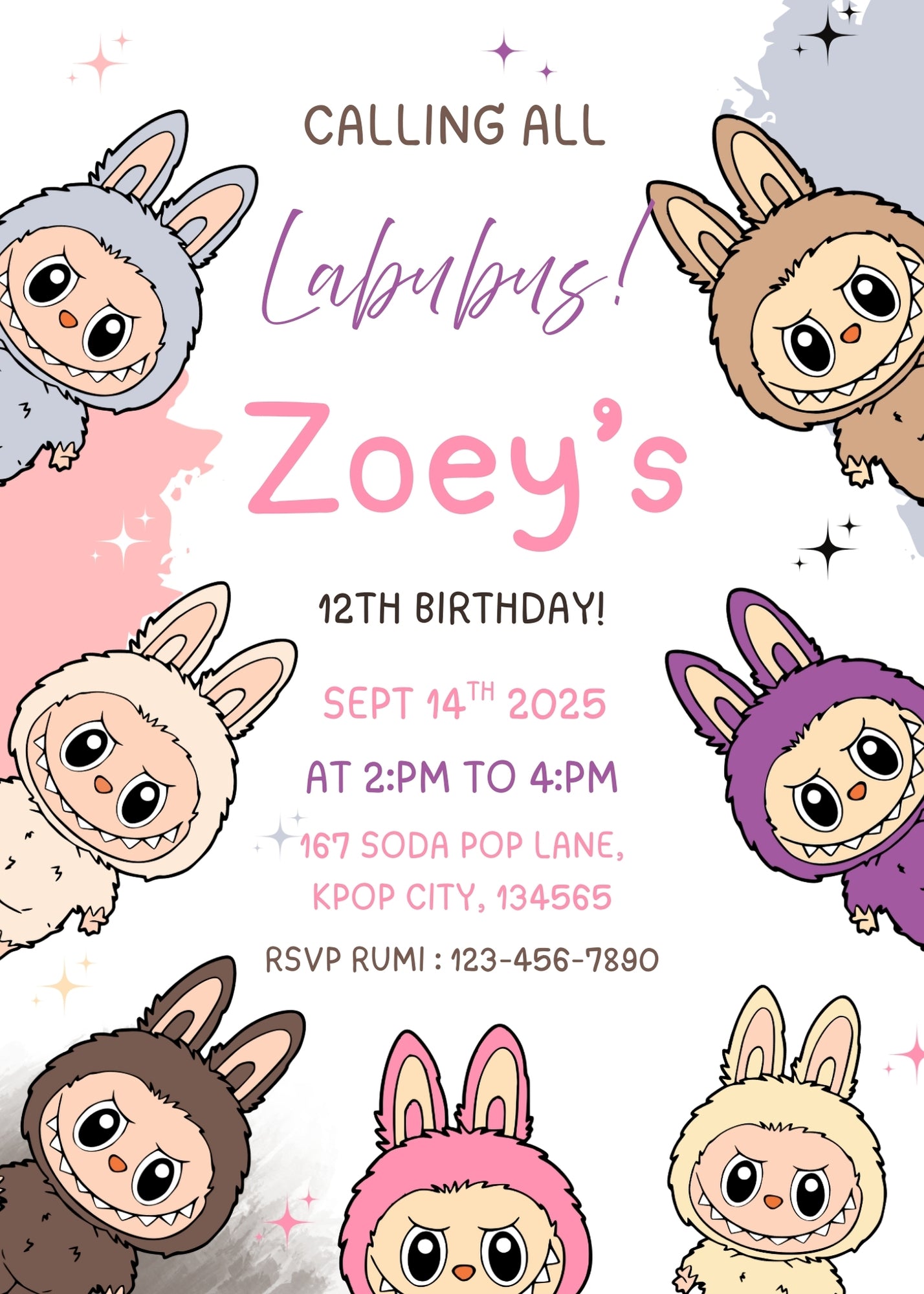 Labubu Birthday Invitation Template: Playful Party Invite, Editable Canva Design (5x7 inches, Digital Download)