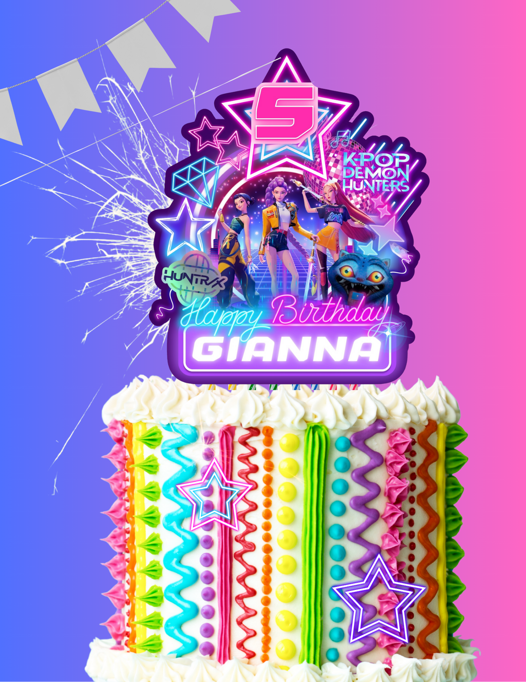 Kpop Demon Hunters Birthday Party, Birthday Party cake topper, ,Canva Template, Printable cake topper Canva Editable pdf