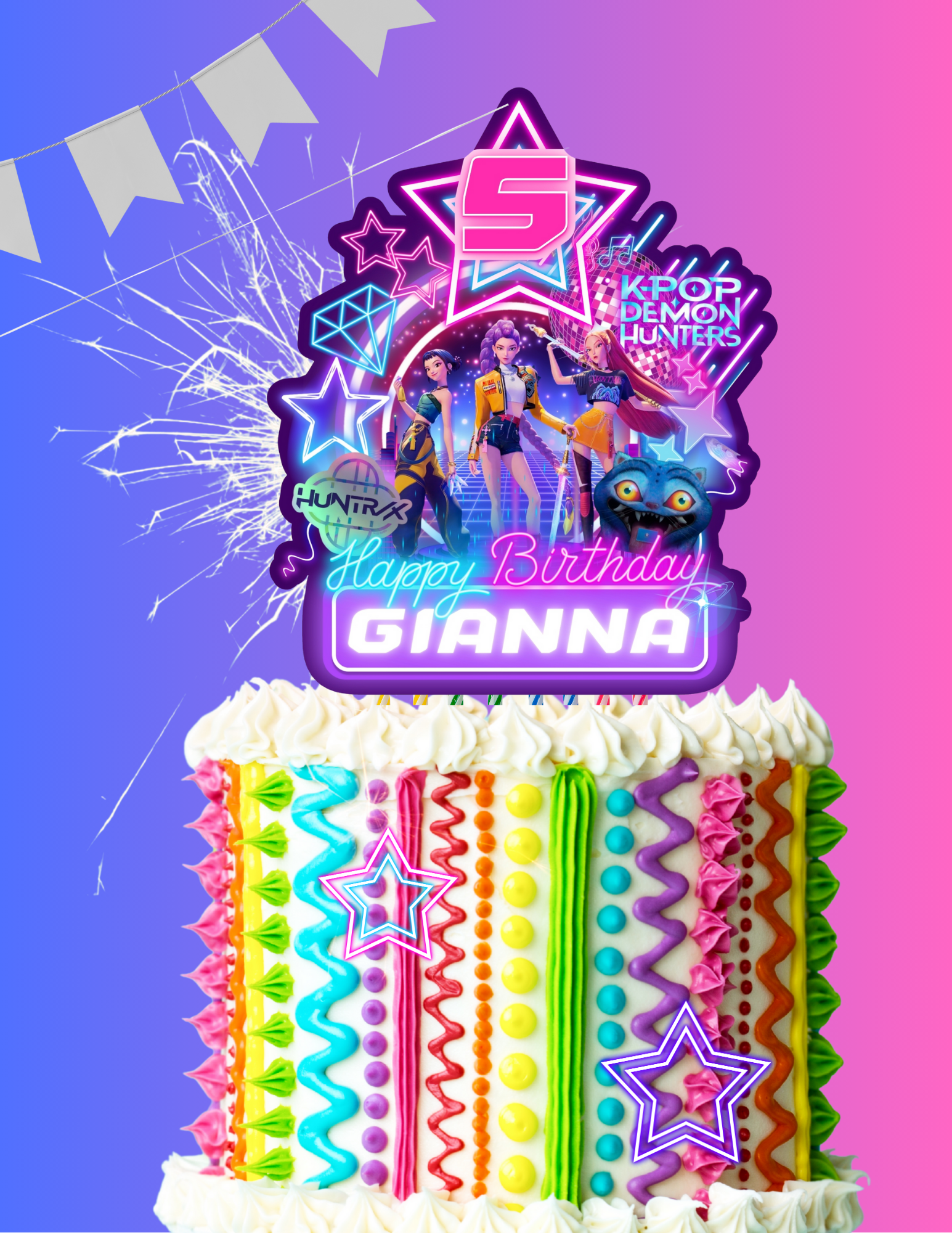 Kpop Demon Hunters Birthday Party, Birthday Party cake topper, ,Canva Template, Printable cake topper Canva Editable pdf