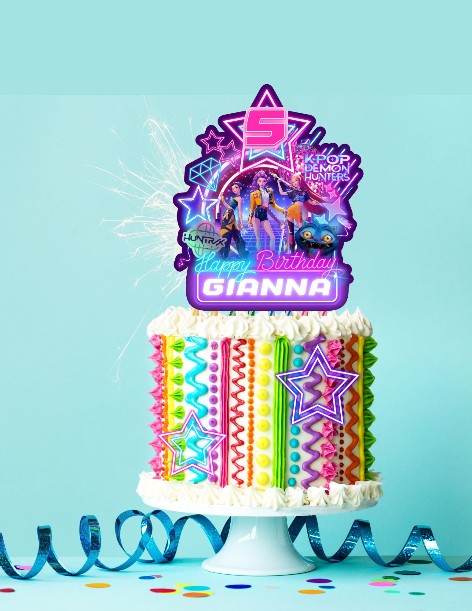 Kpop Demon Hunters Birthday Party, Birthday Party cake topper, ,Canva Template, Printable cake topper Canva Editable pdf