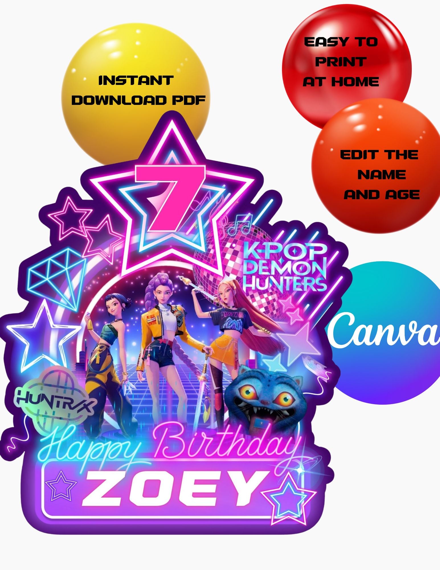 Kpop Demon Hunters Birthday Party, Birthday Party cake topper, ,Canva Template, Printable cake topper Canva Editable pdf