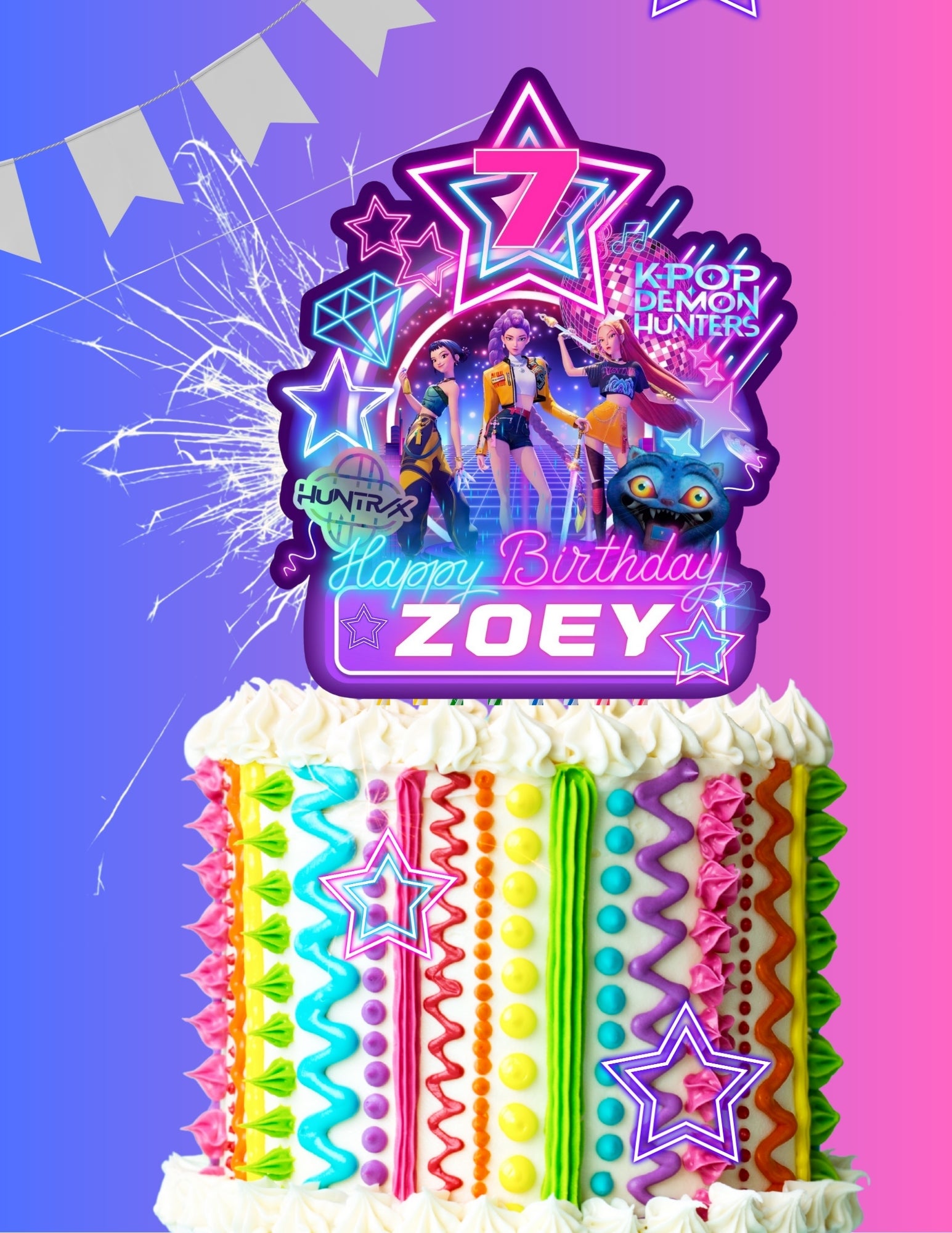 Kpop Demon Hunters Birthday Party, Birthday Party cake topper, ,Canva Template, Printable cake topper Canva Editable pdf