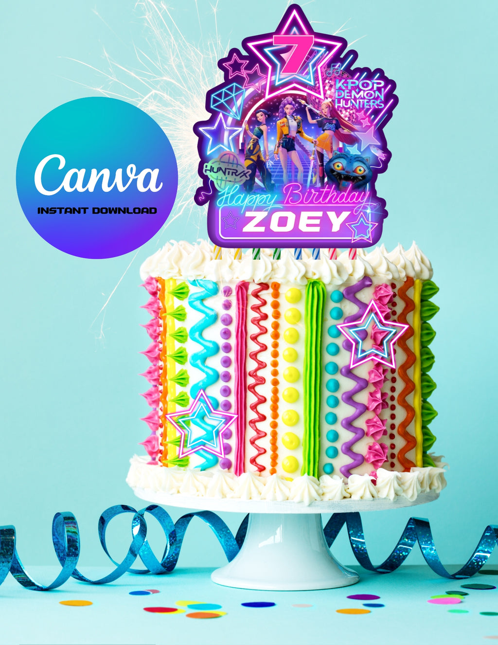 Kpop Demon Hunters Birthday Party, Birthday Party cake topper, ,Canva Template, Printable cake topper Canva Editable pdf