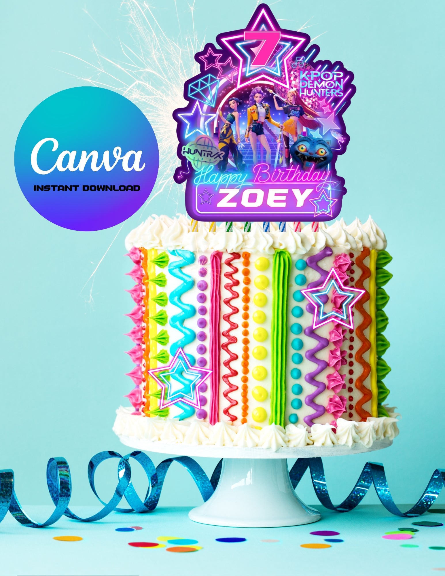 Kpop Demon Hunters Birthday Party, Birthday Party cake topper, ,Canva Template, Printable cake topper Canva Editable pdf