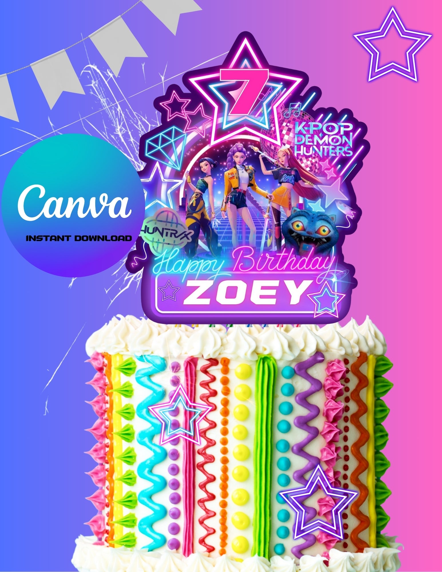 Kpop Demon Hunters Birthday Party, Birthday Party cake topper, ,Canva Template, Printable cake topper Canva Editable pdf