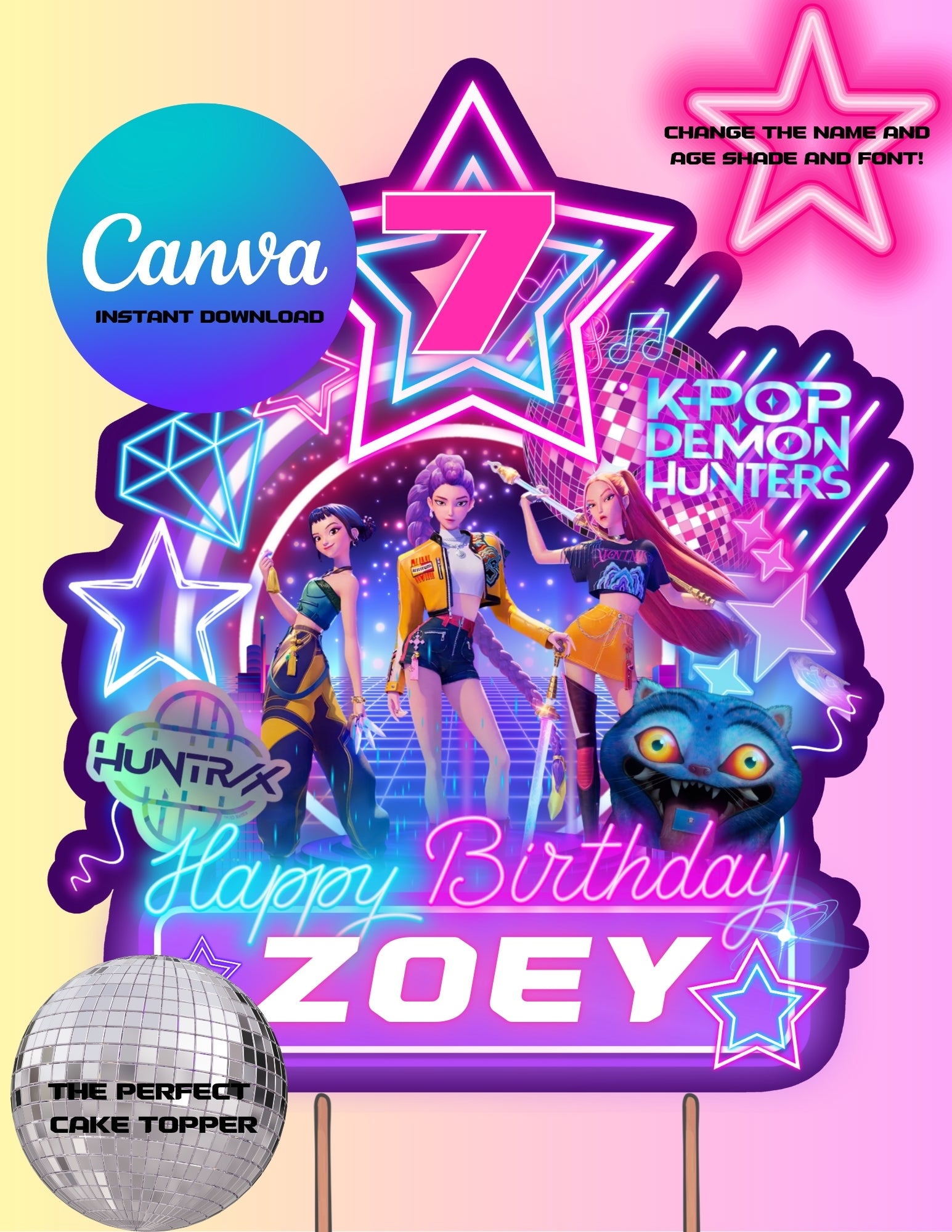 Kpop Demon Hunters Birthday Party, Birthday Party cake topper, ,Canva Template, Printable cake topper Canva Editable pdf