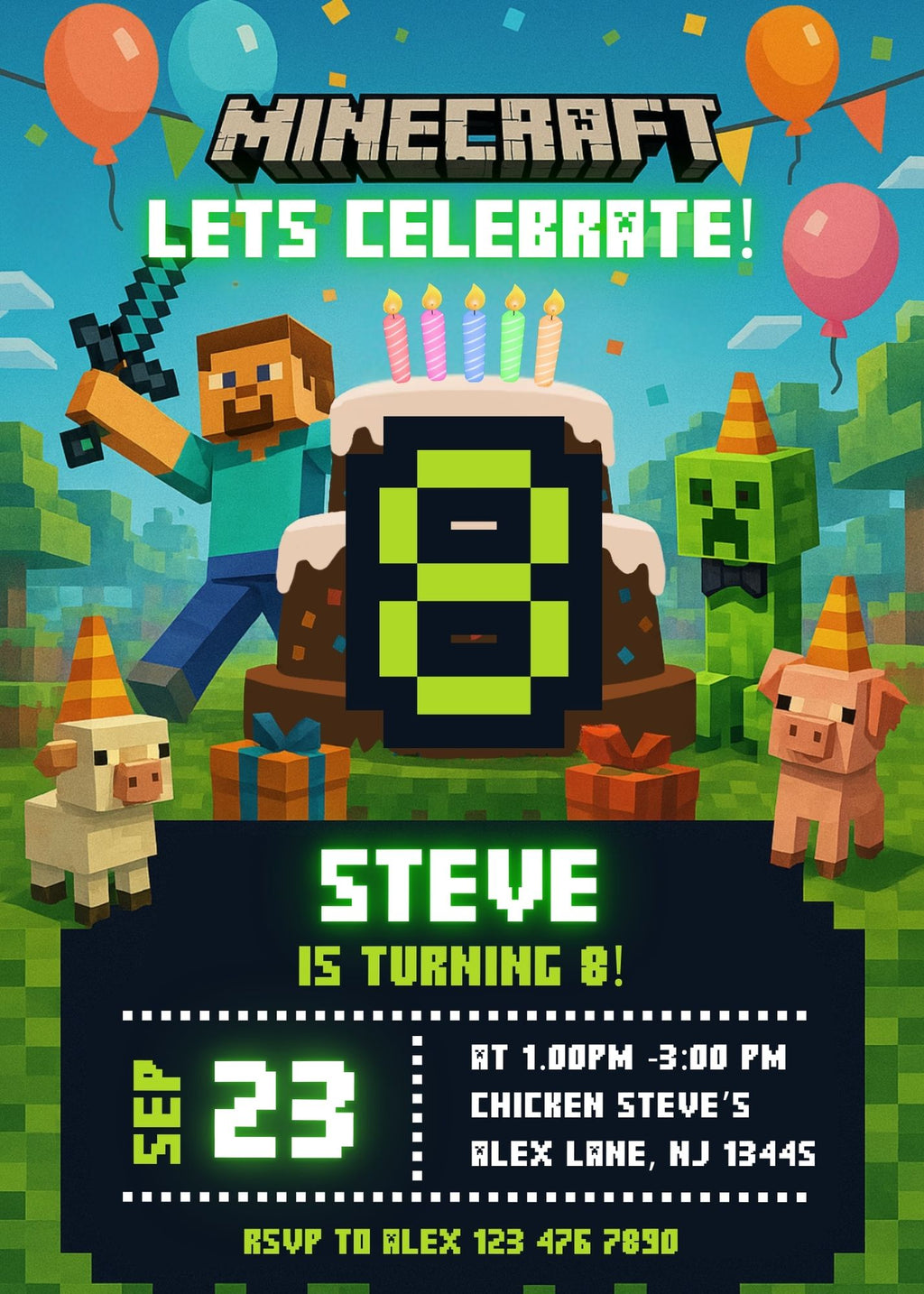 Minecraft Editable Pixel Birthday Invitation Block Party Invite Gamer Birthday Invitation for Boys Pixel Theme Digital Template Canva edit
