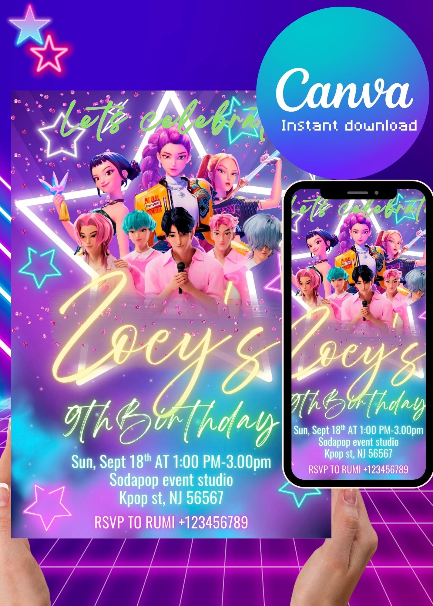 Huntrix Birthday Party Invitation, Kpop Demon Hunters Birthday Party, Invitation Template, Printable Invite, Canva Editable
