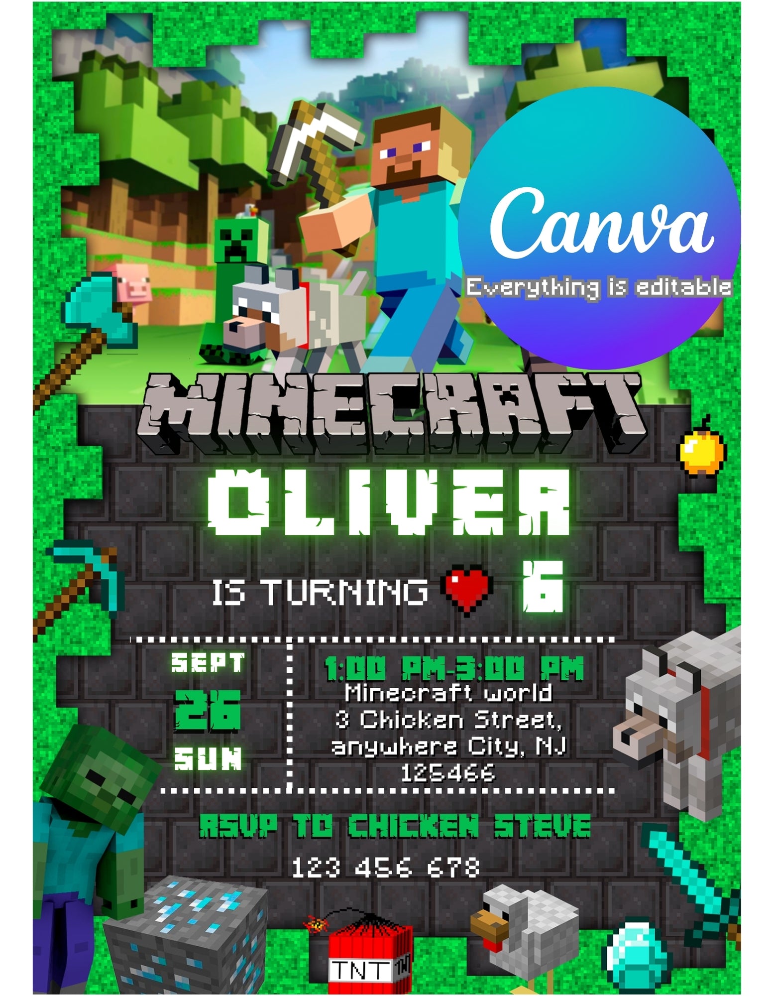 Minecraft Editable Pixel Birthday Invitation Block Party Invite Gamer Birthday Invitation for Boys Pixel Theme Digital Template Canva edit