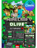 Minecraft Editable Pixel Birthday Invitation Block Party Invite Gamer Birthday Invitation for Boys Pixel Theme Digital Template Canva edit