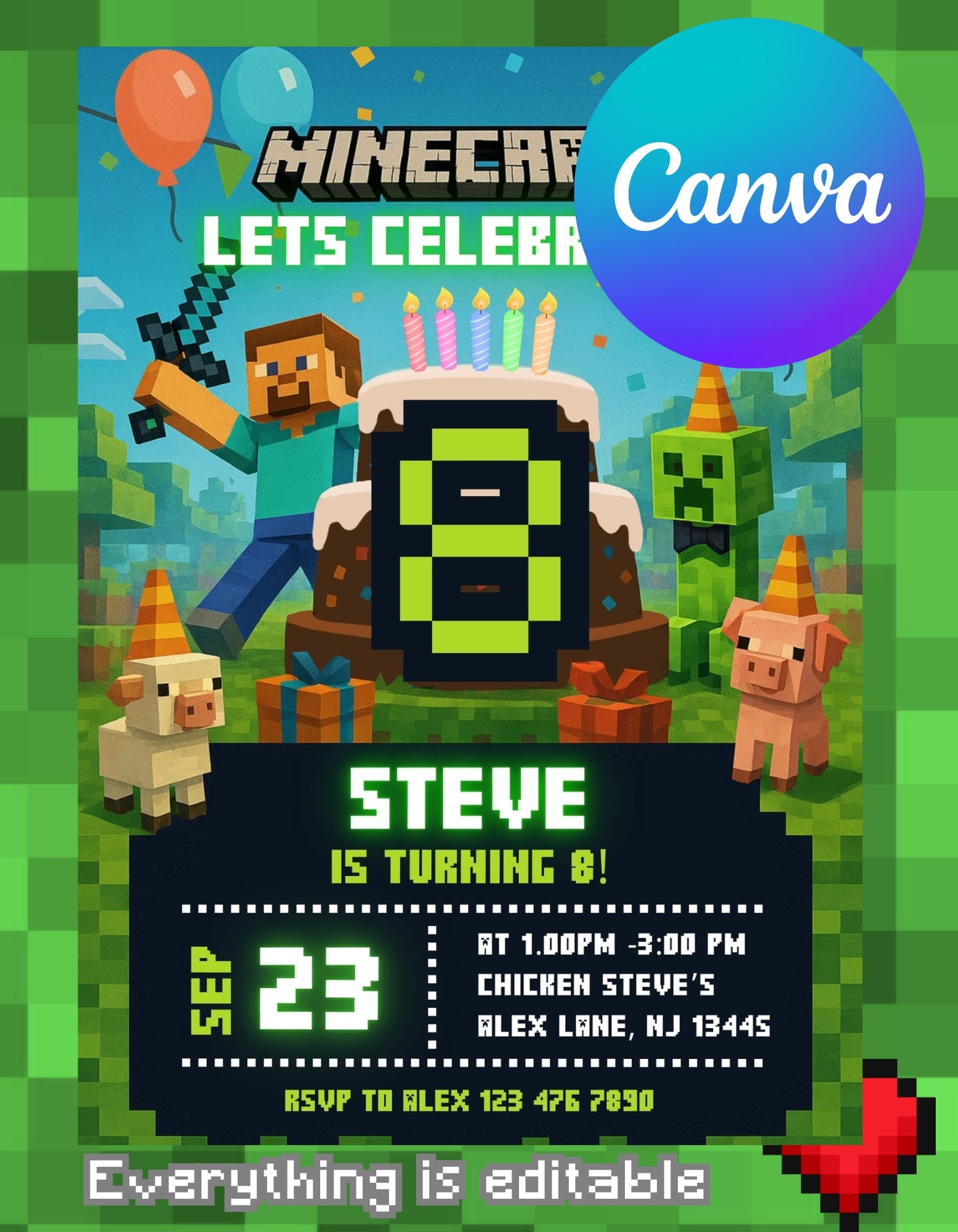 Minecraft Editable Pixel Birthday Invitation Block Party Invite Gamer Birthday Invitation for Boys Pixel Theme Digital Template Canva edit