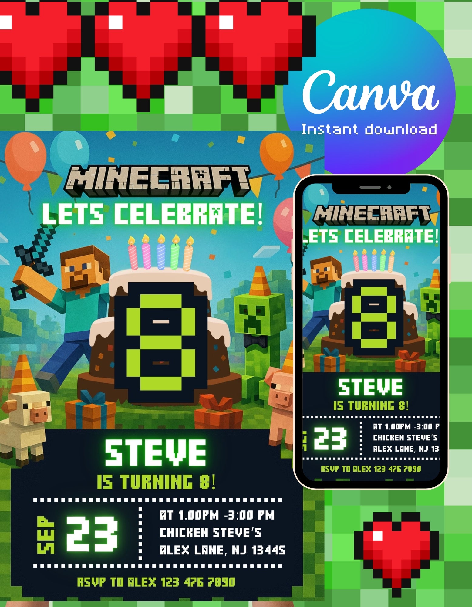 Minecraft Editable Pixel Birthday Invitation Block Party Invite Gamer Birthday Invitation for Boys Pixel Theme Digital Template Canva edit