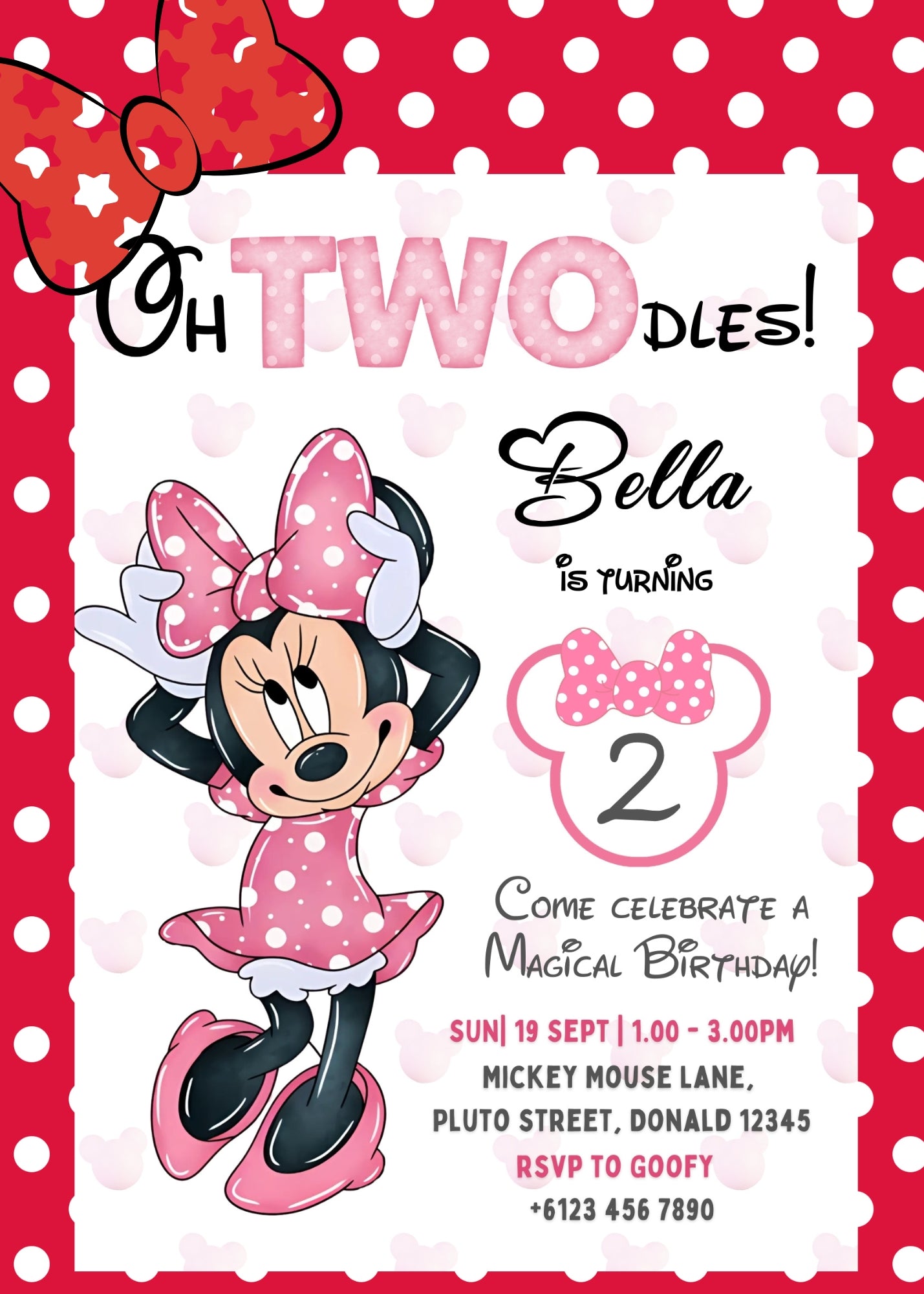 Minnie Mouse Oh Twodles 2nd Birthday Invitation: Editable Canva Template (Digital)
