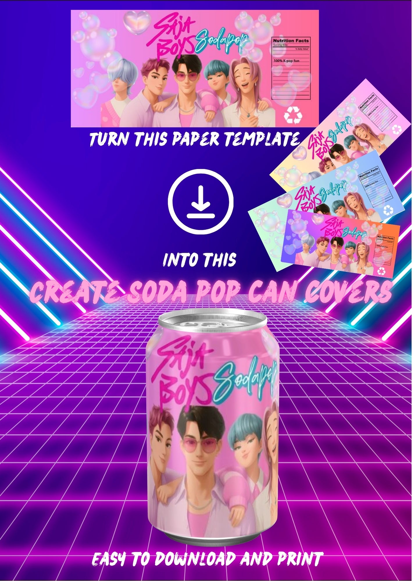 K-Pop Demons Hunter Printable Template | Kpop Saja Boys Soda Pop Sleek Can Wrapper Label | Demon Hunter Birthday Party Favors  Demon Hunters