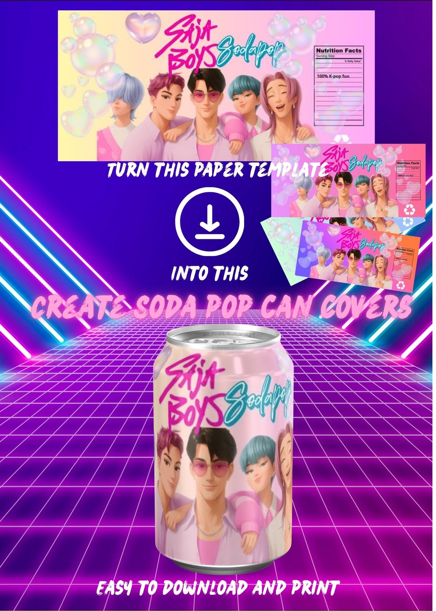 K-Pop Demons Hunter Printable Template | Kpop Saja Boys Soda Pop Sleek Can Wrapper Label | Demon Hunter Birthday Party Favors  Demon Hunters