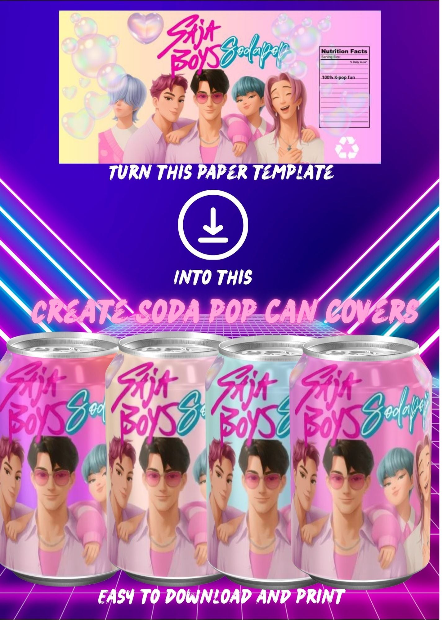 K-Pop Demons Hunter Printable Template | Kpop Saja Boys Soda Pop Sleek Can Wrapper Label | Demon Hunter Birthday Party Favors  Demon Hunters
