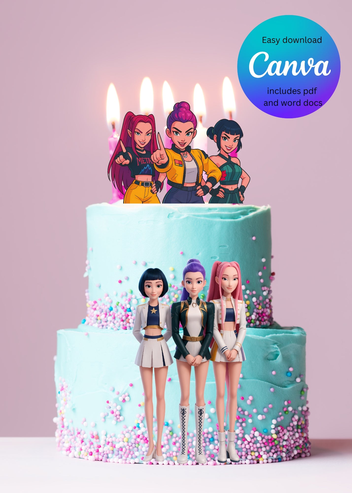 Kpop Birthday Party cake topper, Kpop Demon Hunters Birthday Party, label Template, Printable cake topper Canva Editable pdf