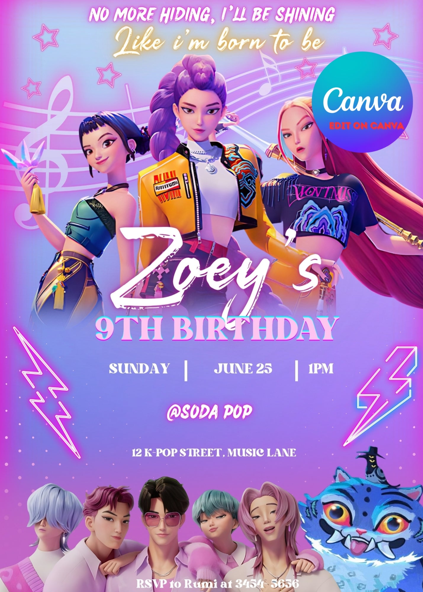 Kpop Demon Hunters Birthday Party, Birthday Party Invitation, Invitation Template, Printable Invite, Canva Editable