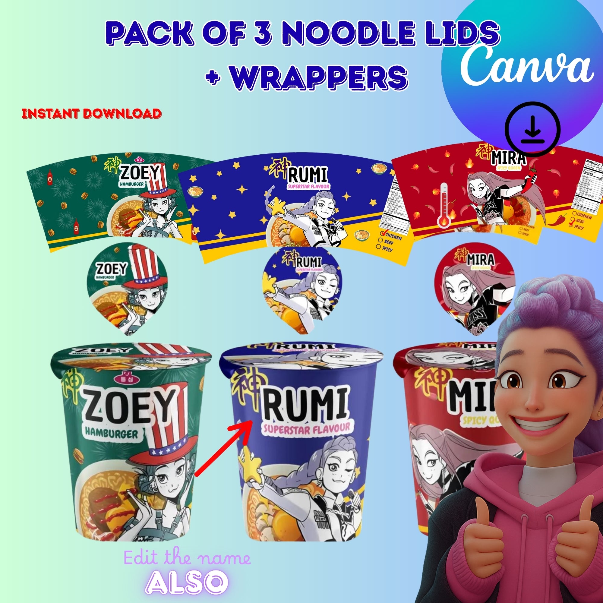 Kpop Demon Hunters, Cup Noodle Labels, Cosplay Party Huntrix Ramen, Kpop, Kpop party, Printable, Halloween party, Party decoration, Birthday