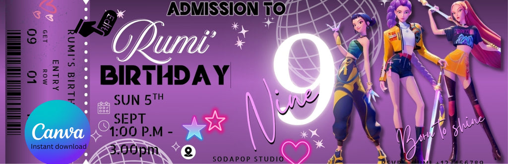Huntrix Birthday Party Invitation , Kpop Demon Hunters Birthday Party, Invitation Template, Printable Invite, Canva Editable