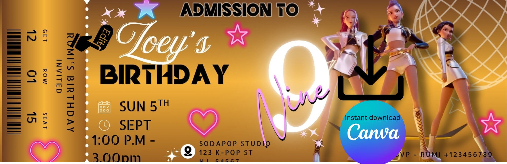 Huntrix Birthday Party Invitation , Kpop Demon Hunters Birthday Party, Invitation Template, Printable Invite, Canva Editable