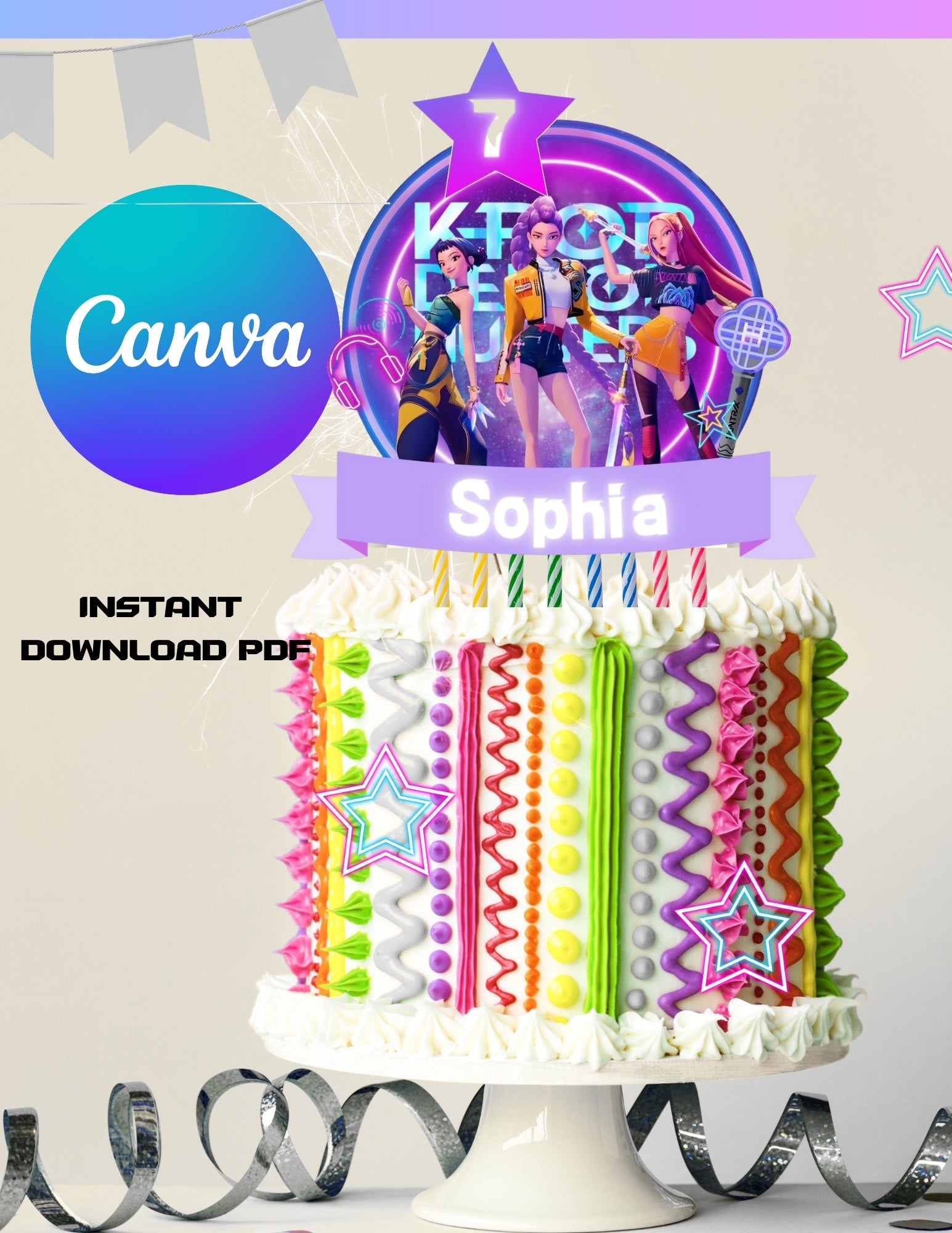Kpop Demon Hunters Birthday Party, Birthday Party cake topper, ,Canva Template, Printable cake topper Canva Editable pdf
