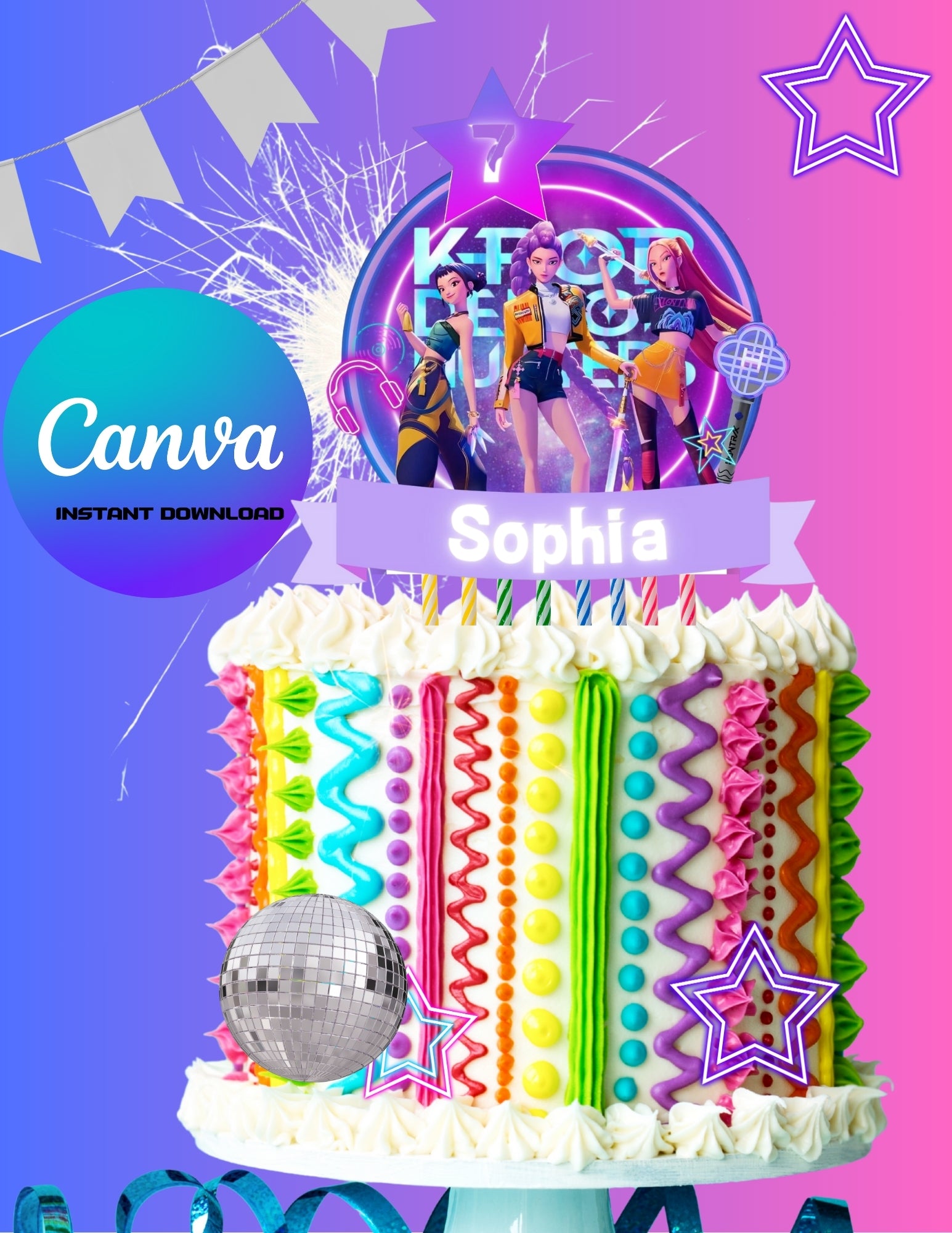 Kpop Demon Hunters Birthday Party, Birthday Party cake topper, ,Canva Template, Printable cake topper Canva Editable pdf