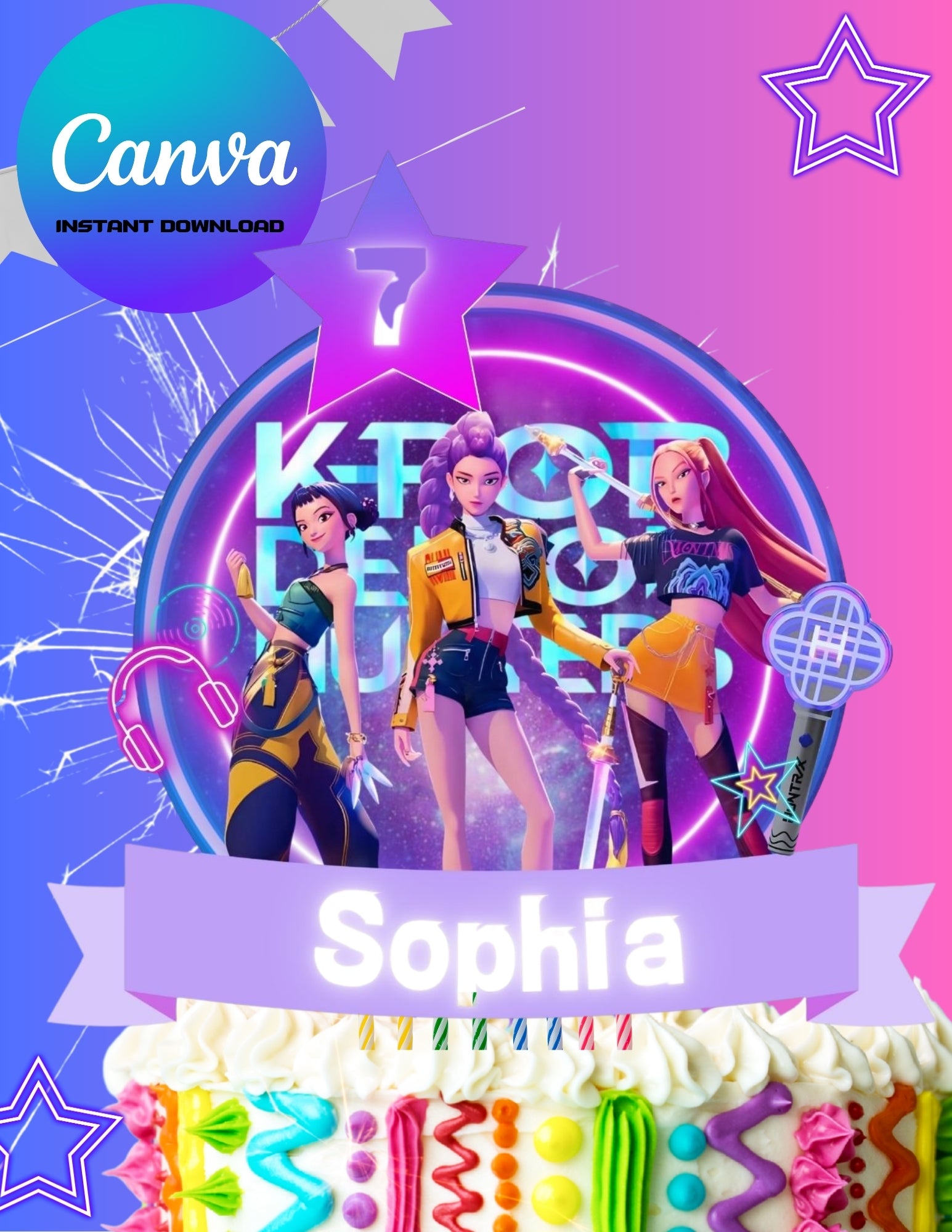 Kpop Demon Hunters Birthday Party, Birthday Party cake topper, ,Canva Template, Printable cake topper Canva Editable pdf