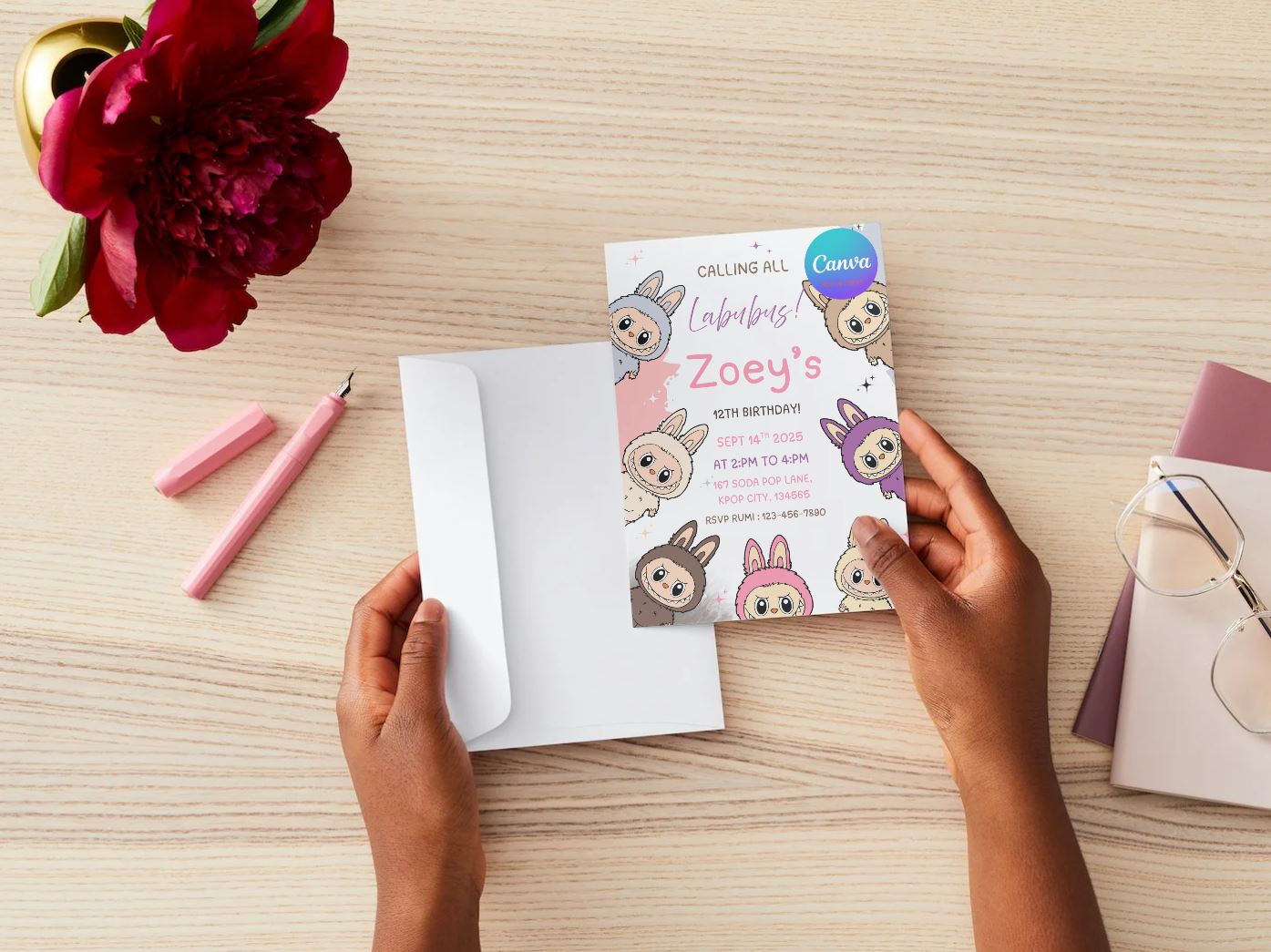 Labubu Birthday Invitation Template: Playful Party Invite, Editable Canva Design (5x7 inches, Digital Download)
