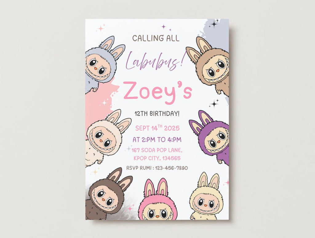 Labubu Birthday Invitation Template: Playful Party Invite, Editable Canva Design (5x7 inches, Digital Download)