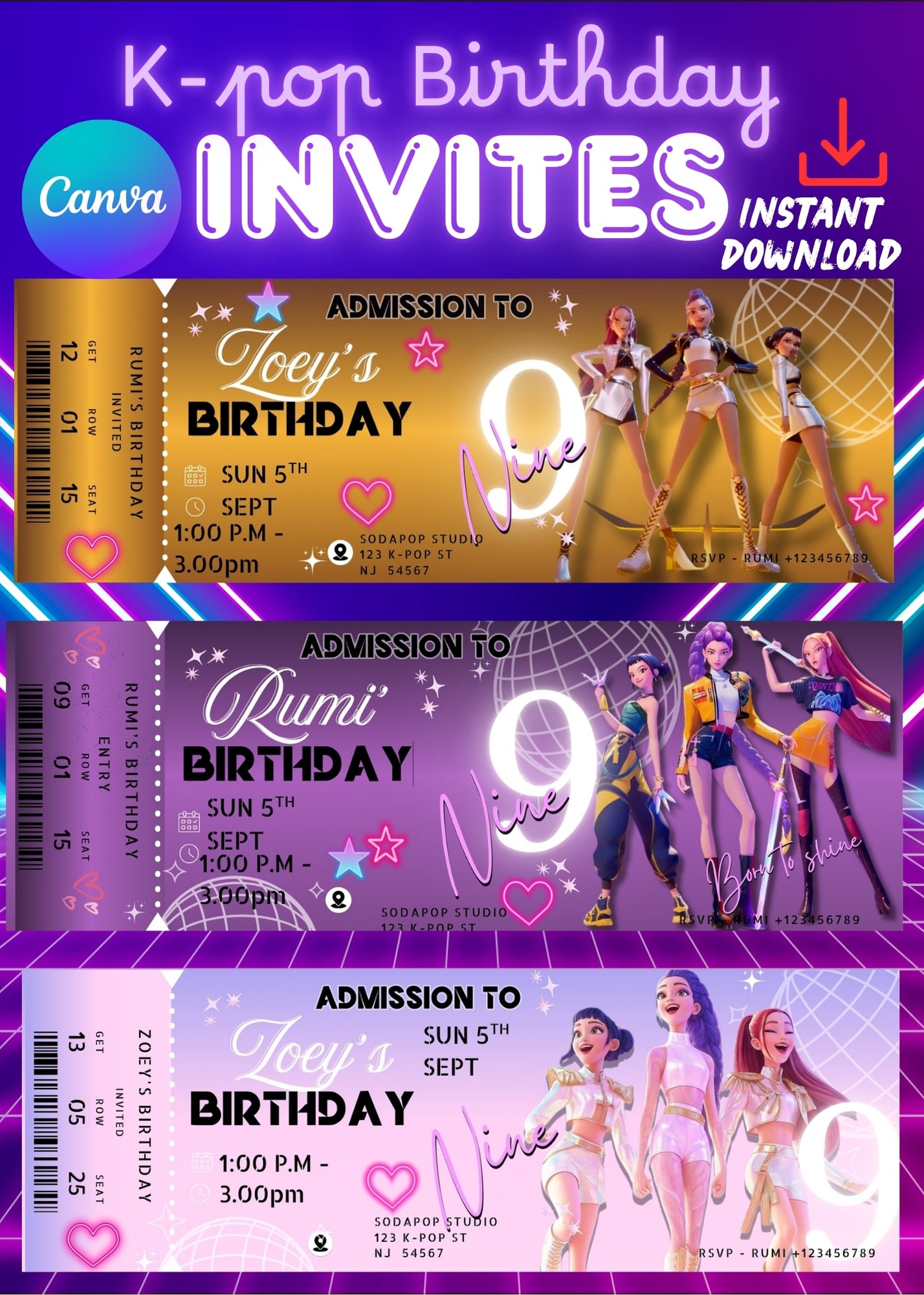 Huntrix Birthday Party Invitation , Kpop Demon Hunters Birthday Party, Invitation Template, Printable Invite, Canva Editable
