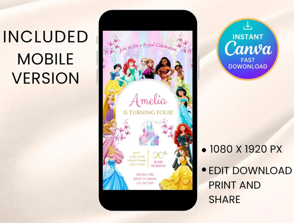Editable Princess birthday invitation template in Canva (free). Personalise name/age/details in minutes. Instant download—print at home or send digitally