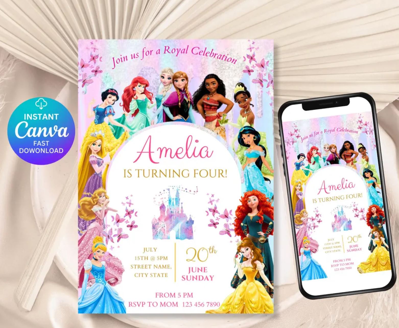 Editable Princess birthday invitation template in Canva (free). Personalise name/age/details in minutes. Instant download—print at home or send digitally