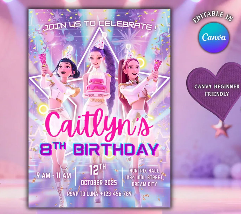 Kpop Demon Hunters Birthday Invitation, Editable K-pop Party Invite, Huntrix Themed party, Demon Huntrix Birthday Party, Birthday invitation