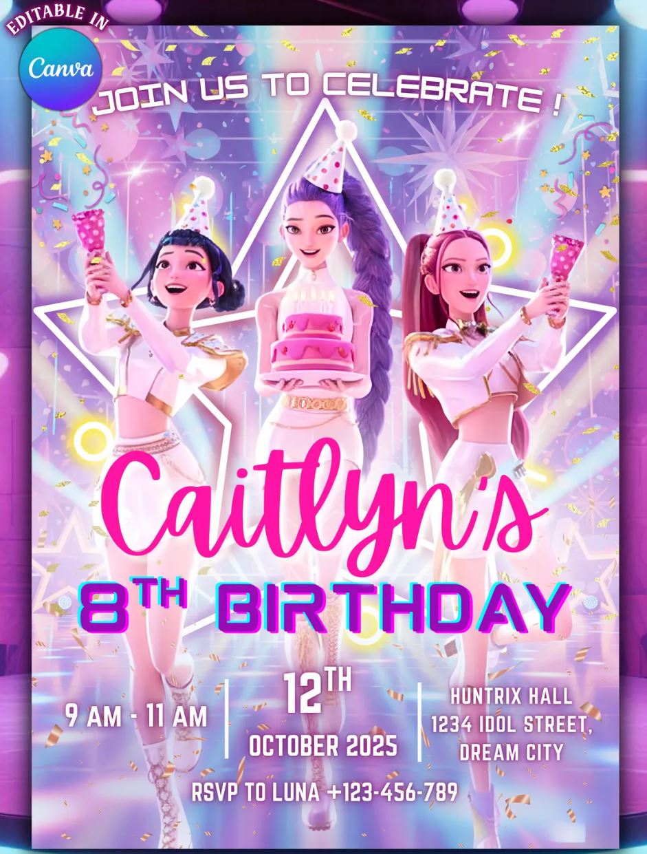 Kpop Demon Hunters Birthday Invitation, Editable K-pop Party Invite, Huntrix Themed party, Demon Huntrix Birthday Party, Birthday invitation