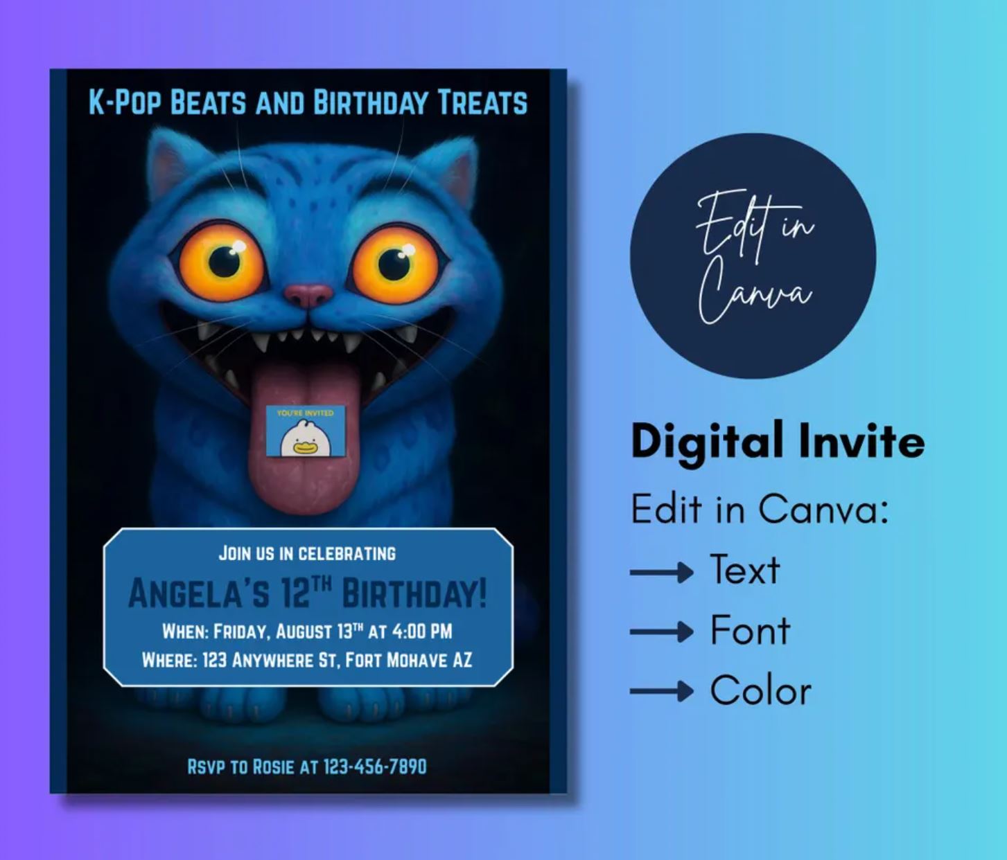 Kpop Demon Hunters Birthday Invitation, Editable K-pop Party Invite, Huntrix Themed party, Demon Huntrix Birthday Party, Derpy the Tiger Inspired Birthday Invitation for a K-Pop Demon Hunters Birthday Party - Digital Download