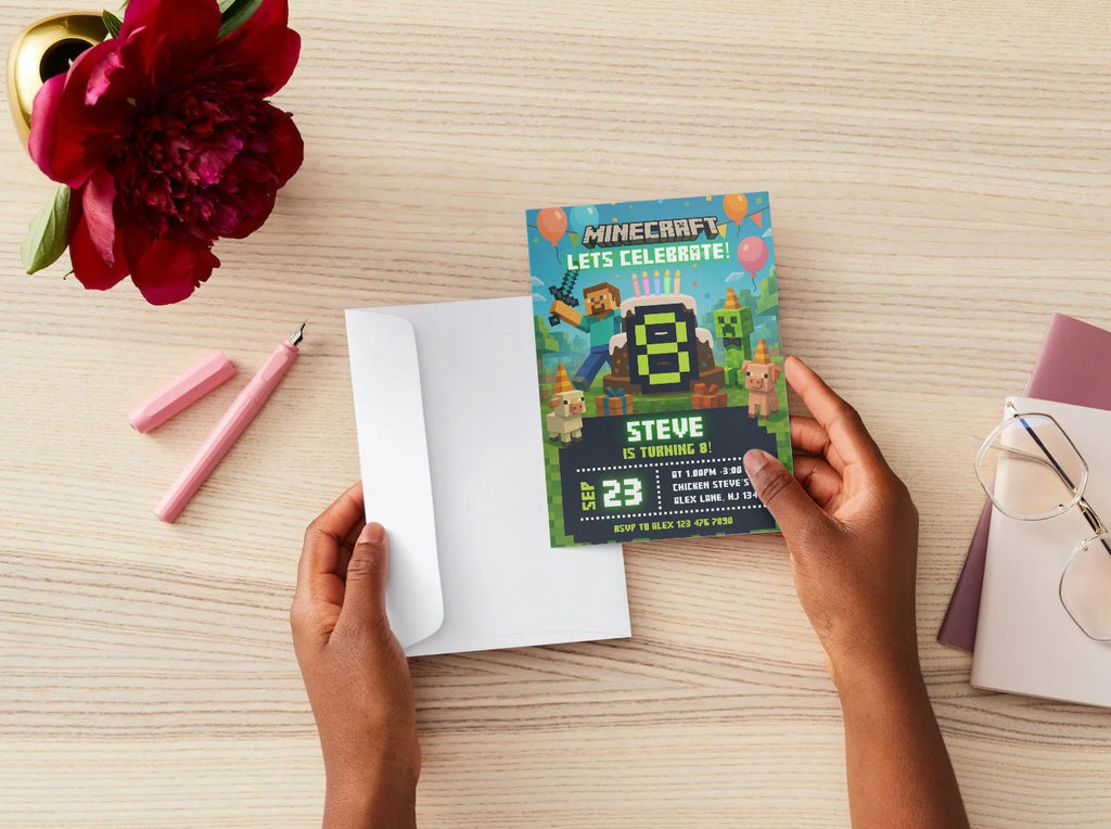 Minecraft Editable Pixel Birthday Invitation Block Party Invite Gamer Birthday Invitation for Boys Pixel Theme Digital Template Canva edit