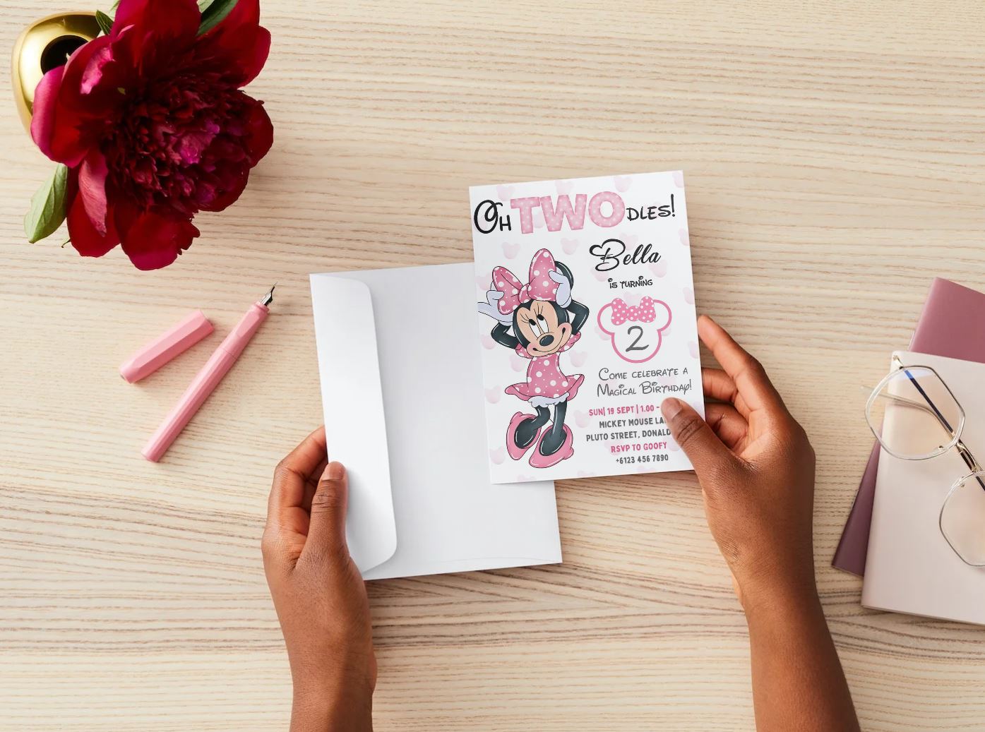 Minnie Mouse Oh Twodles 2nd Birthday Invitation: Editable Canva Template (Digital)