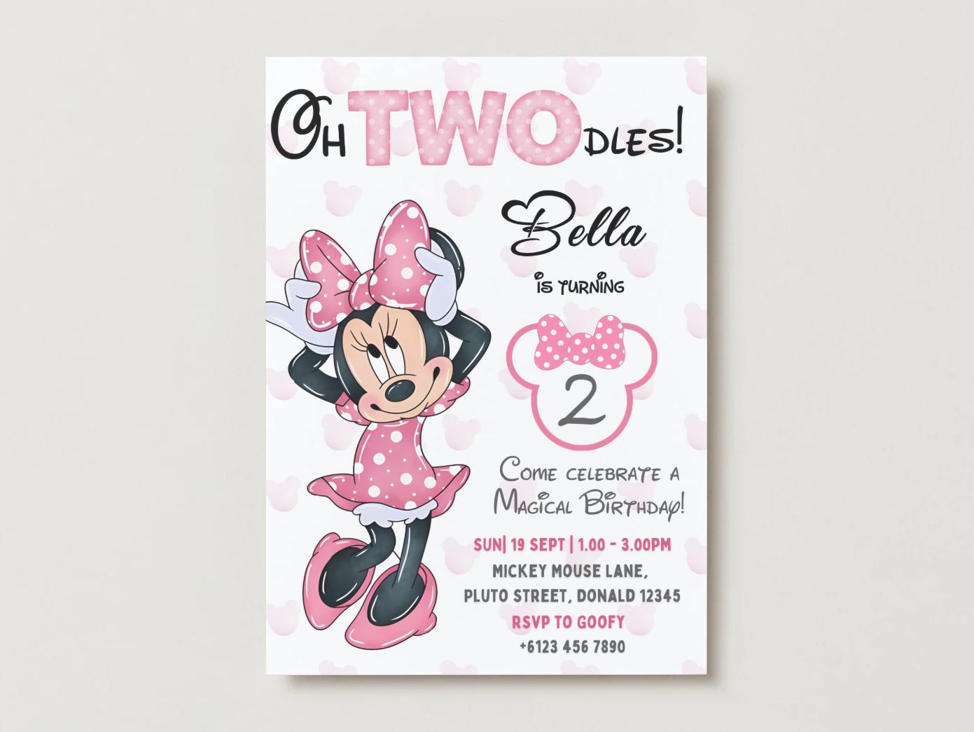 Minnie Mouse Oh Twodles 2nd Birthday Invitation: Editable Canva Template (Digital)