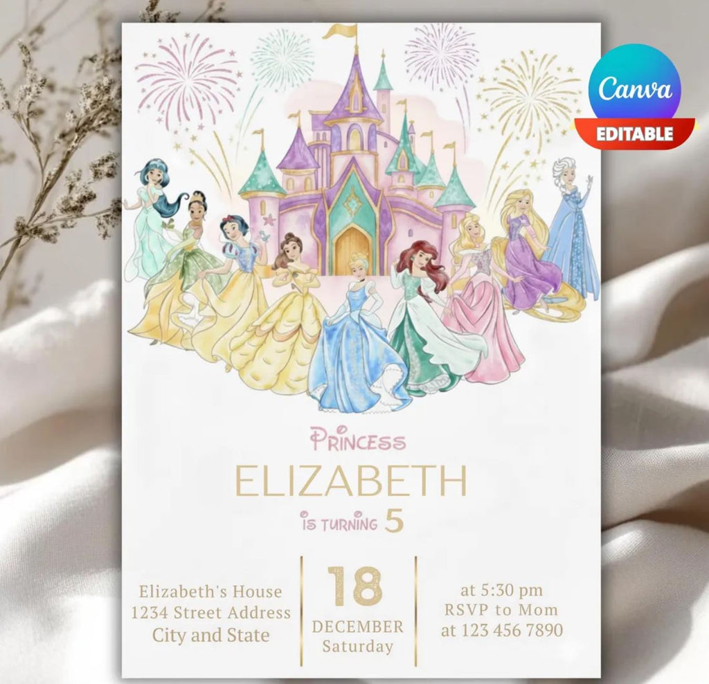 Editable Princess Birthday Invitation Template (Canva) – Instant Download