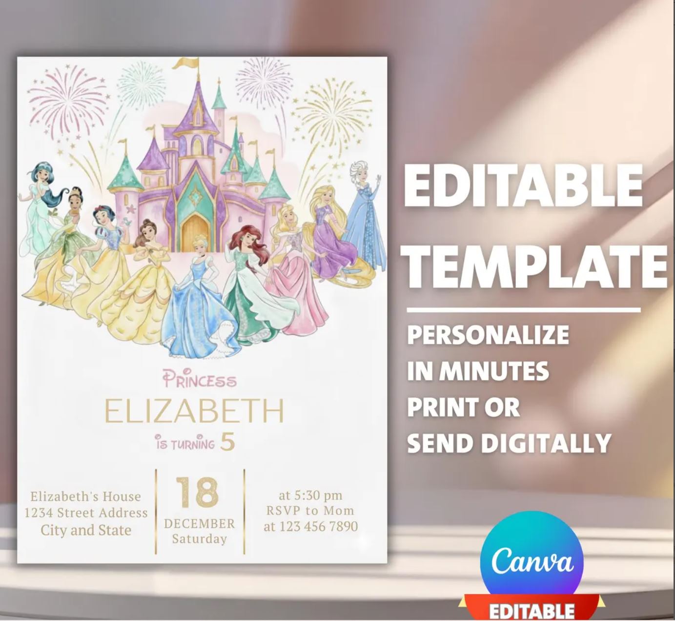 Editable Princess Birthday Invitation Template (Canva) – Instant Download
